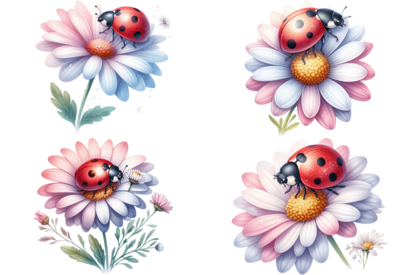 Download 4 Watercolor Ladybug and Flowers Bundle - Bundle Collection